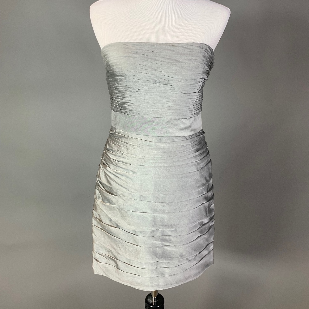Monique Lhuillier Silver Ruched Strapless Cocktail